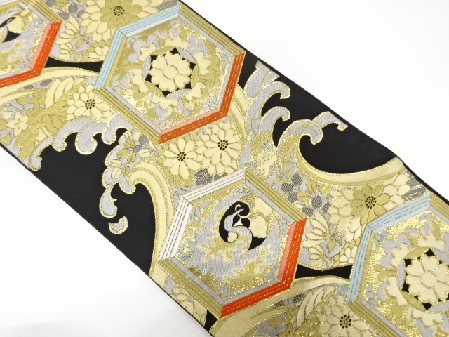 JAPANESE KIMONO / ANTIQUE FUKURO OBI / WOVEN KIKKO & CRANE & FLORAL PLANTS & ROUGH WAVES